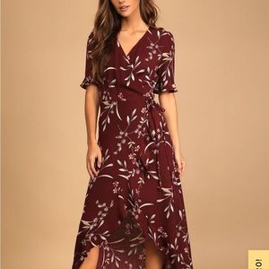 Lulus Wild Winds Burgundy Floral Print High-Low Wrap Dress